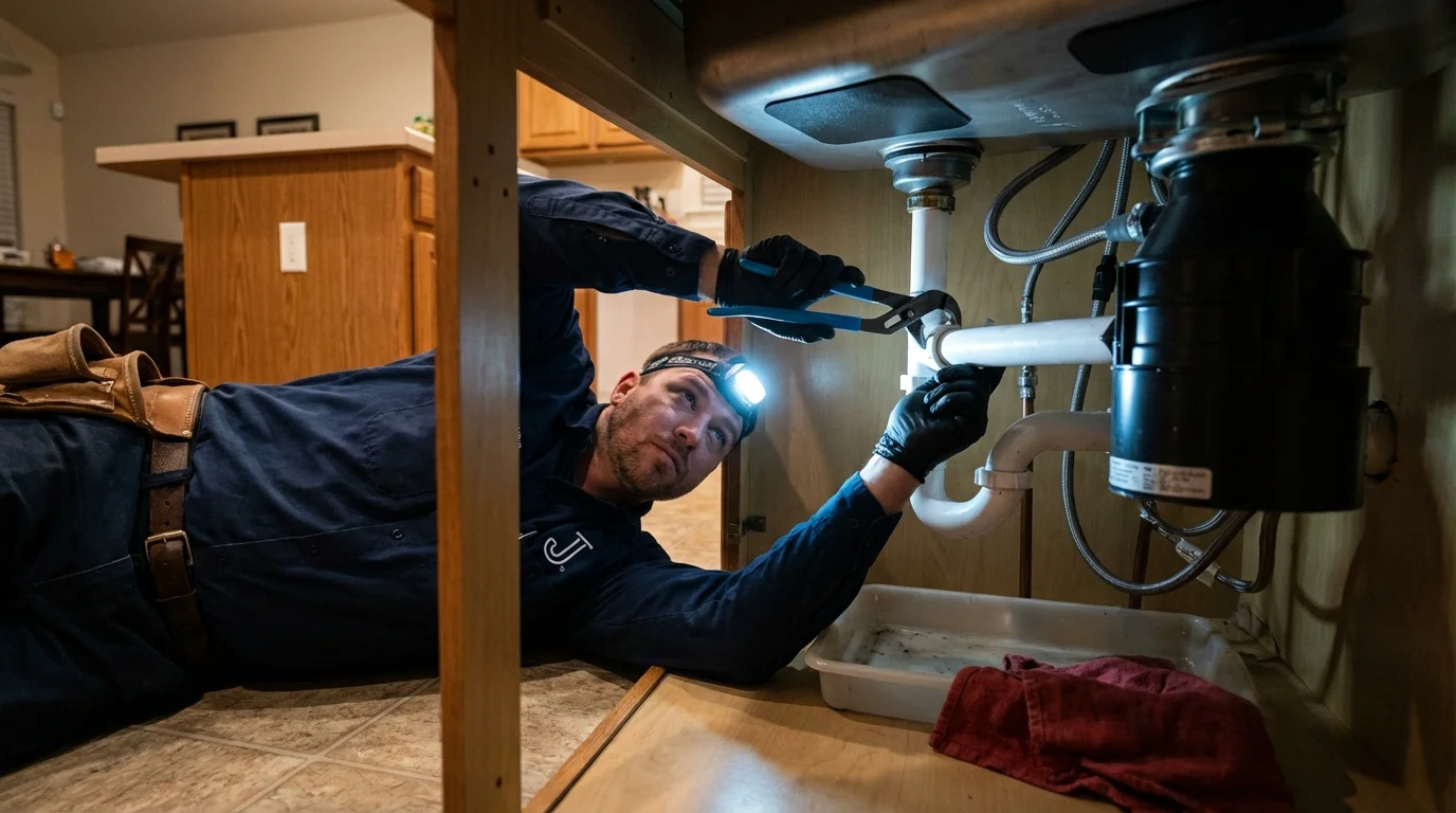P-trap and supply line connections under a kitchen sink showing a common leak point in Pineville, WV